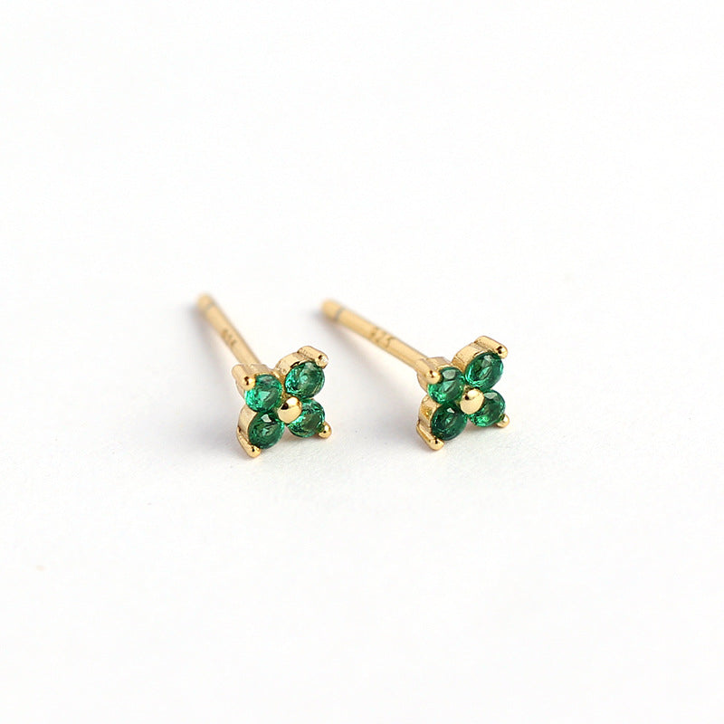 Wholesale Simple Diamond S925 Silver Four-leaf Flower Sweet Small Colorful Flower Earrings